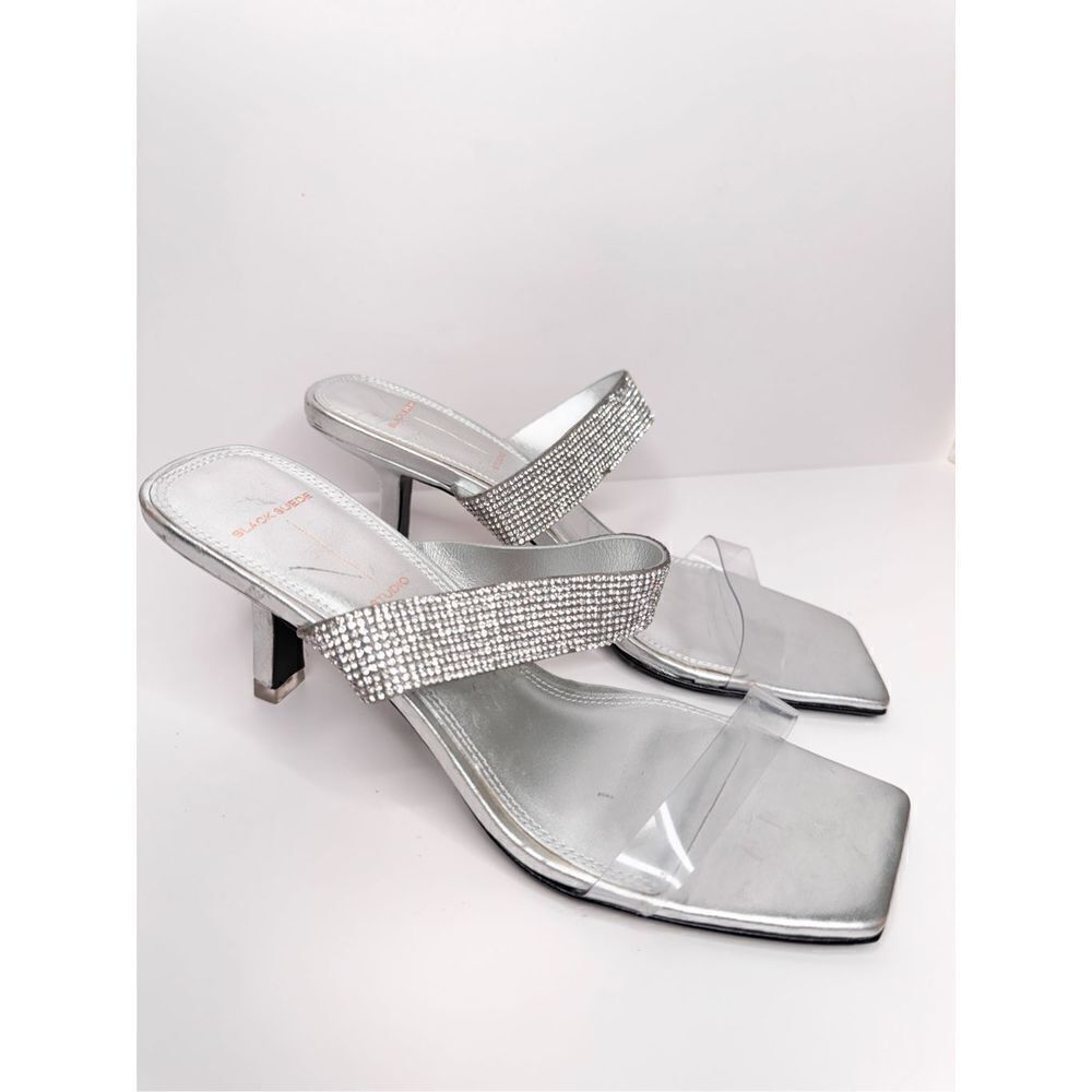 Black Suede Studio Sandals‎ Women Size 7 Silver Crystal Clear Double Strap Heels